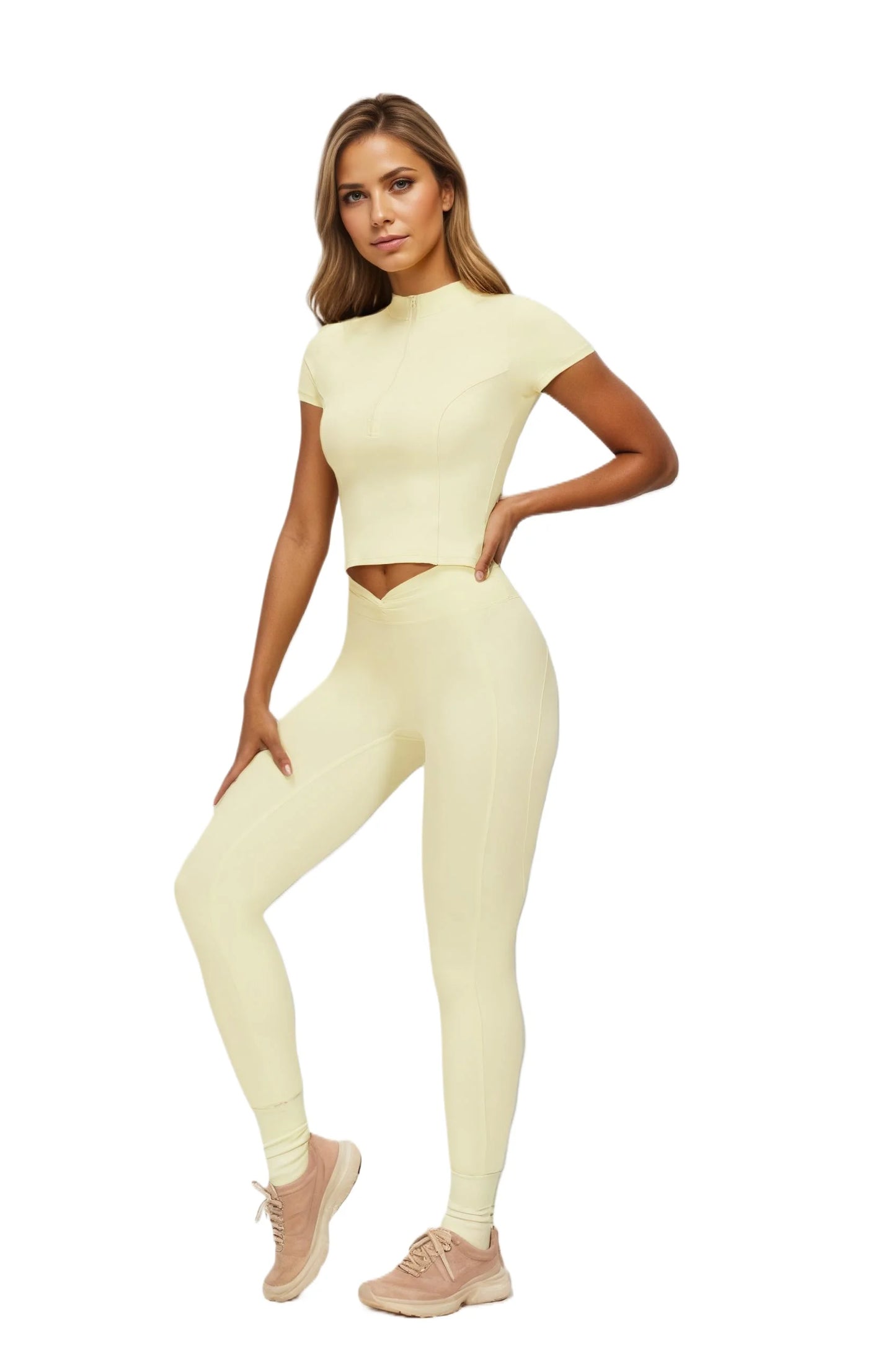 Airila Yoga Set Half-Zip Sportswear Slim Fit 2-Piece Short Sleeve Fitness Sportswear High Waist Sportswear Running Breathable