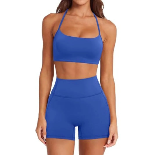SUUKSESS Women 2 Pcs Workout Sets Padded Halter Sports Bras High Waisted Biker Shorts with Pockets