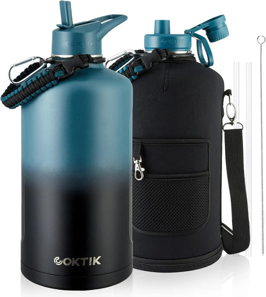 128oz Insulated Water Bottle - Stainless Steel Vacuum, 1 Gallon Large Capacity Sports Bottle with Straw, Carry Bag & Handle, for Gym & Hiking