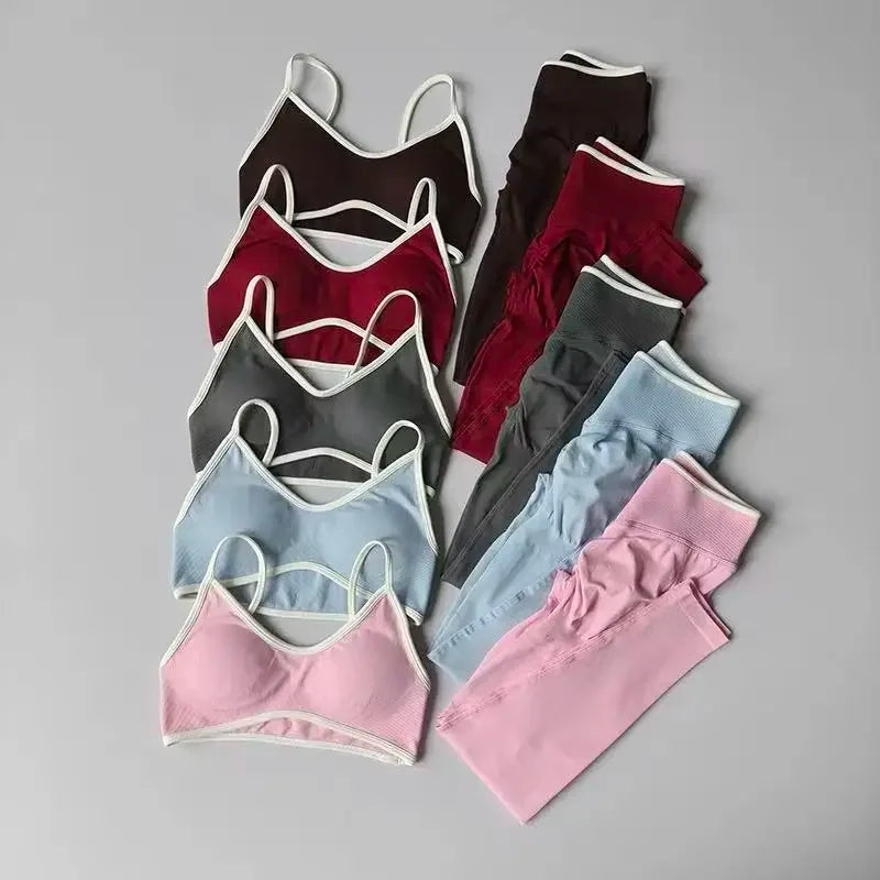 Women's Fitness Suit, Strappy Contrast Color Patchwork Sports Shockproof Slimming Quick-Dry Nude Feel Pants, Yoga Wear