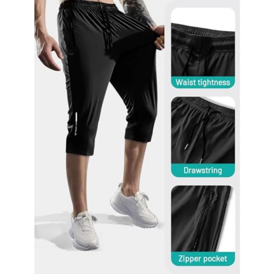 Hidkat Men's Capri Pants 3/4 Joggers Gym/Workout/Hiking Below Knee Long Shorts Lightweight Quick Dry with Zipper Pockets