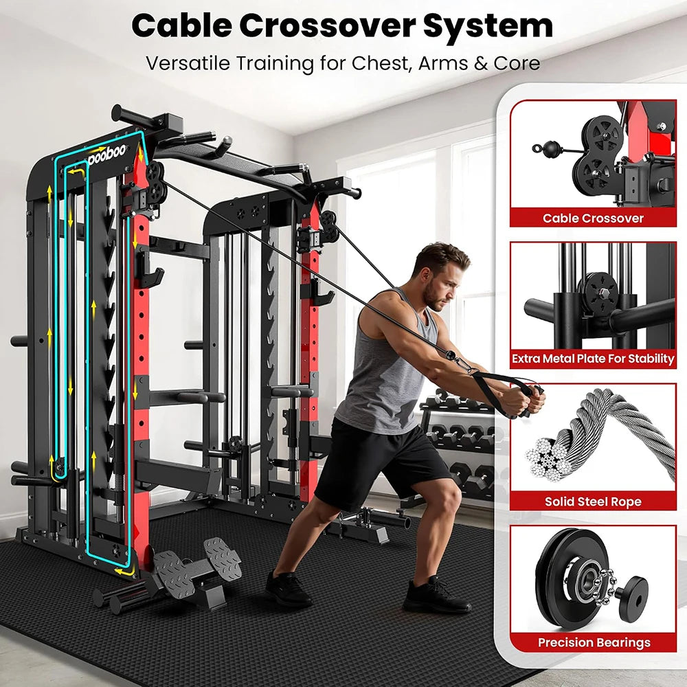 Pooboo Power Cage Smith Machine with 2000LB Squat Rack Cable System | LAT Pulldown and Dual Pulley Cable Crossover with All-in-One Home Gym Machine, Adjustable Stations and Training Attachments