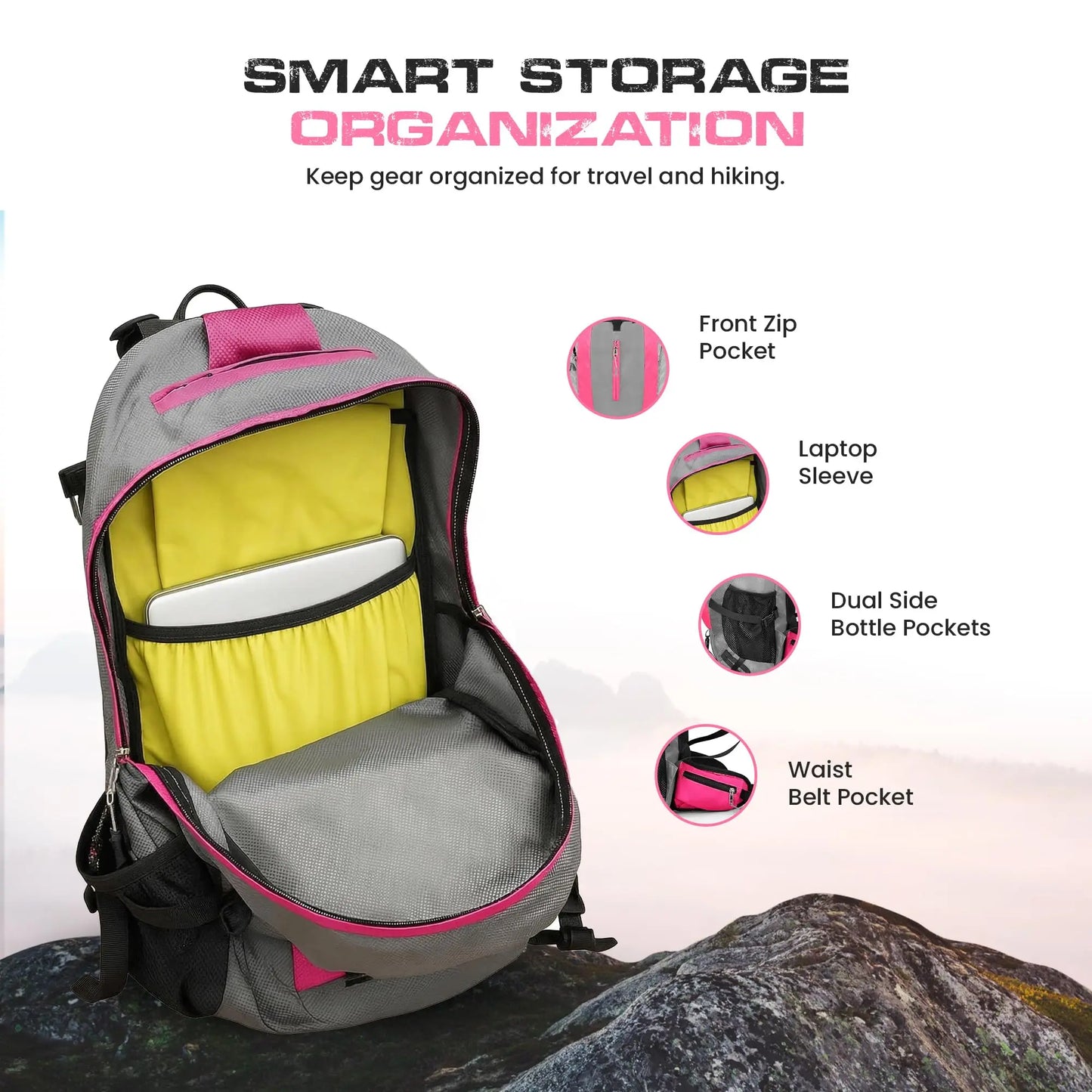30L Internal Frame Hiking Backpack With Rain Cover Laptop Sleeve Hydration Compatible