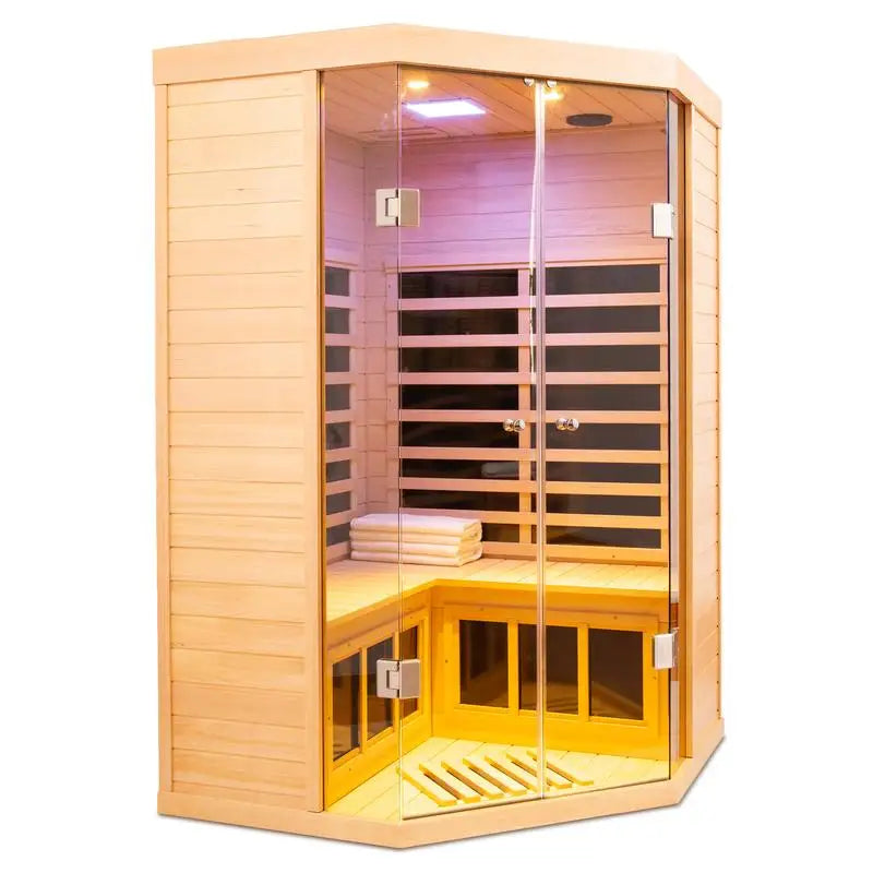 Deluxe Two Person Corner Infrared Sauna With Glass Front Hemlock