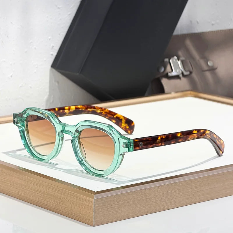 ATRIA Men's Vintage Crystal Green Special Shaped Sunglasses Designer Craft Niche Retro Thick Acetate Solar Glasses for Male