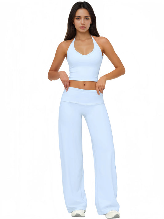 Airila 2-Piece Halter V-Neck Yoga Set, Backless Crop Top, Foldable Waist Flare Pants, Tummy Control Sports Casual Set, Fitness Clothing