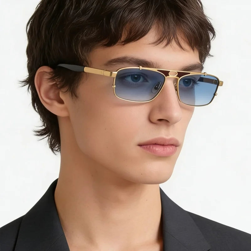 Vintage Craft Square Tortoise Sliver Pilot Sunglasses for Men Light Luxury Top Quality Double Bridge Alloy Soalr Glasses