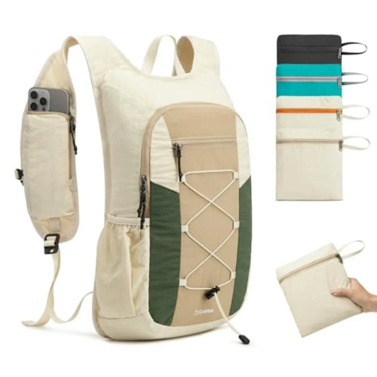 20L Hiking Backpack Lightweight Daypack with Phone Pocket Small Packable Foldable Hiking Bag for Women Men, Green+Beige