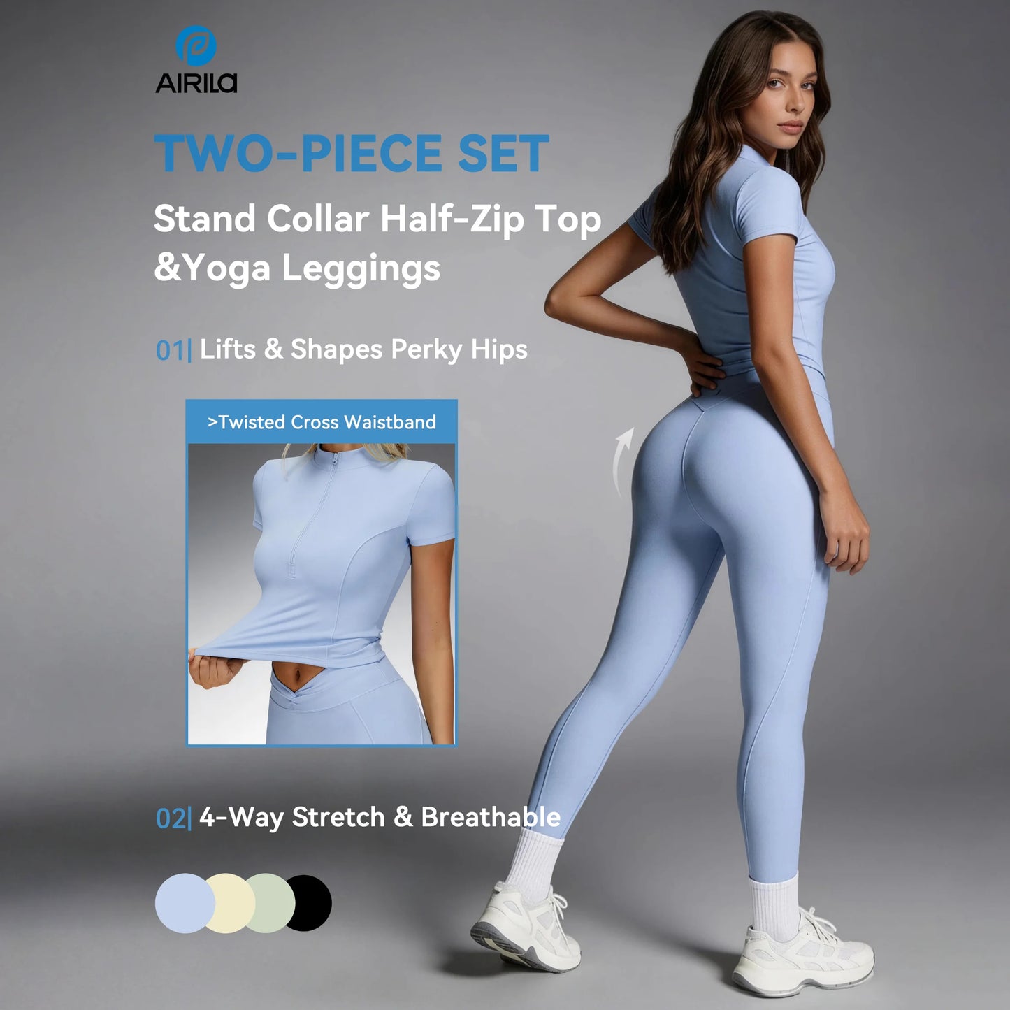 Airila Yoga Set Half-Zip Sportswear Slim Fit 2-Piece Short Sleeve Fitness Sportswear High Waist Sportswear Running Breathable