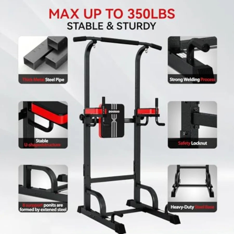 Home gym dip station pull-up bar: steel, black, adjustable height + power elastic ropes for full-body strength training