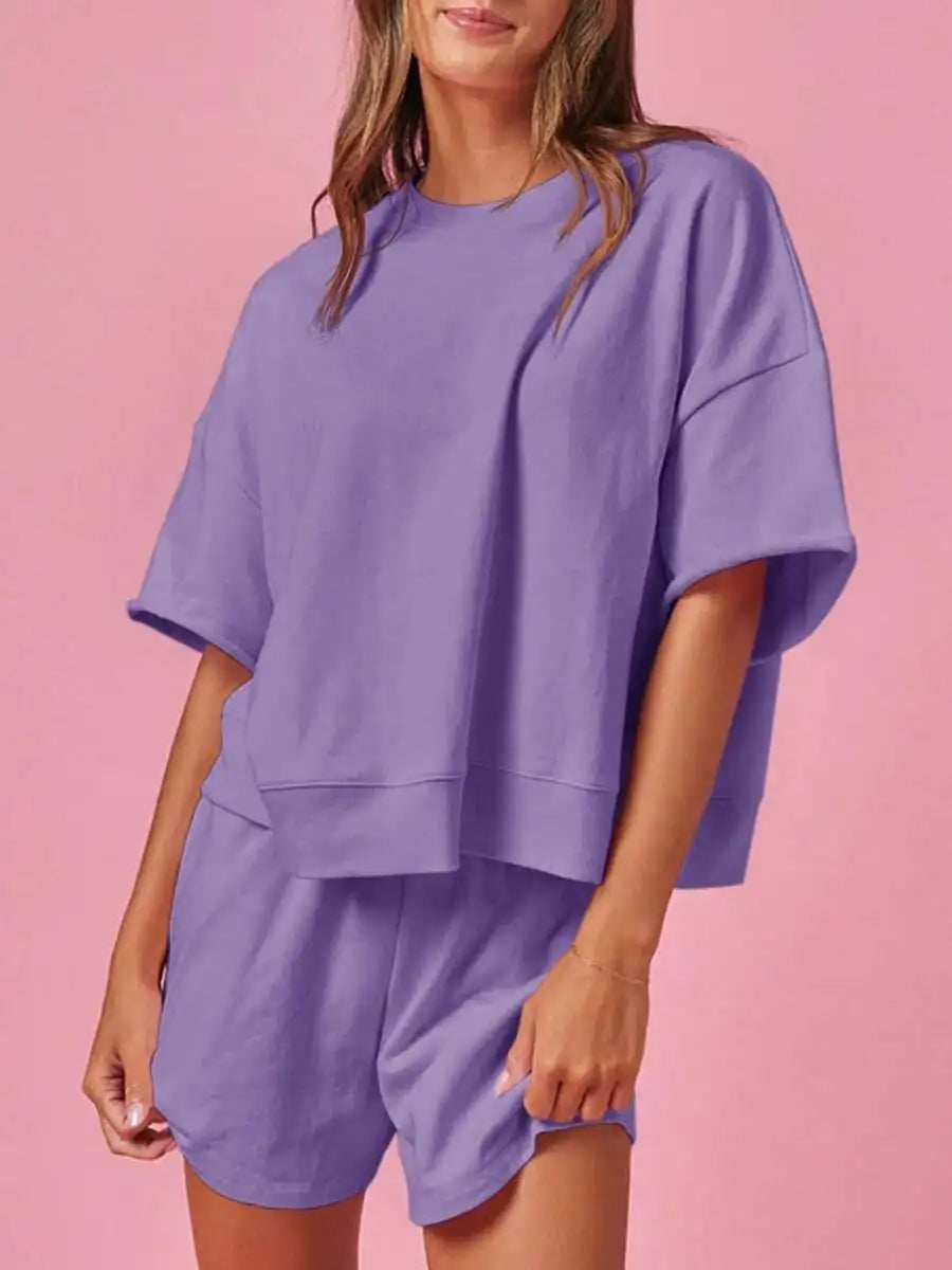 Womens 2 Piece Oversized Cropped Sweatshirt And High Waist Shorts Tracksuit