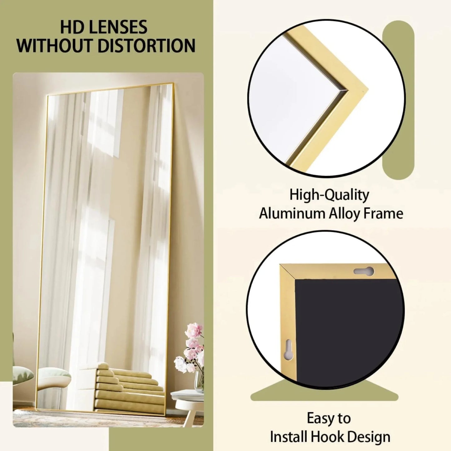 56"x21.2" Full Length Floor Mirror Rectangular Freestanding Leaning Wall-Mounted Mirror, Gold