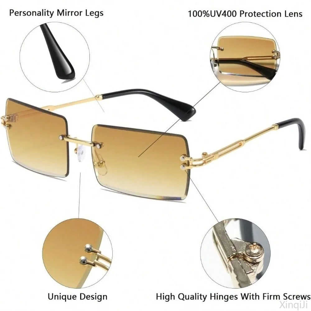 Fashion Rimless Rectangle Sunglasses for Women Men Ultralight Square Eyewear Unisex 9031