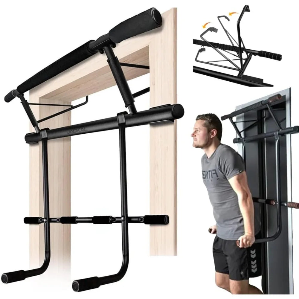 Folding Door Pullup Bar and Dip Bar Station - NO WOBBLE, Home Gym, Easy Storage, Power Tower Dip Station and Pull-up