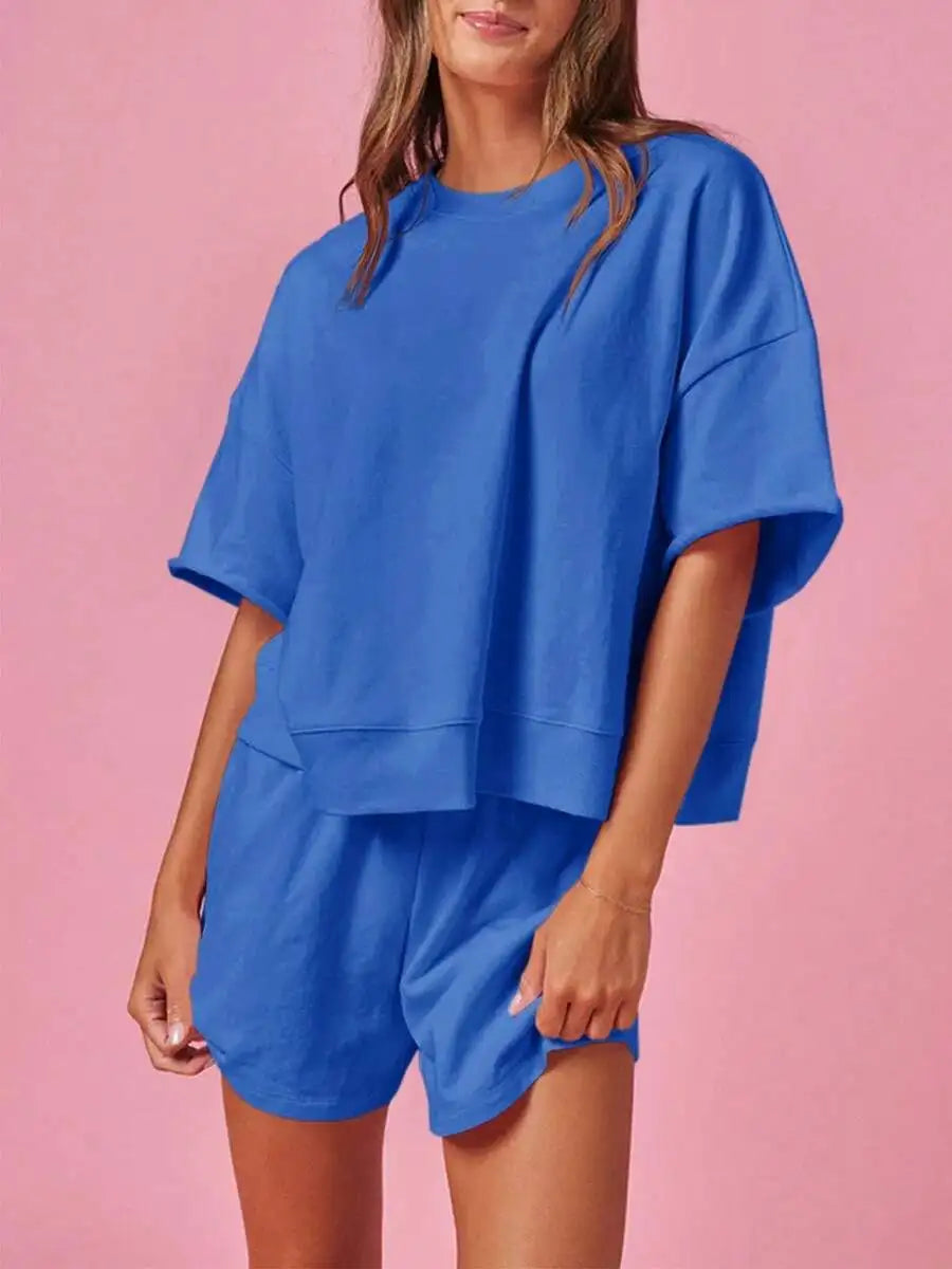 Womens 2 Piece Oversized Cropped Sweatshirt And High Waist Shorts Tracksuit