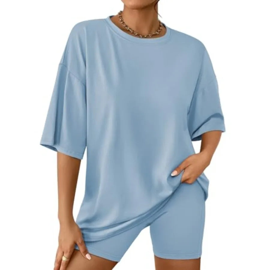 AUTOMET Womens 2 Pcs Sets Summer Outfits 2026 Two Pcs Lounge Set Matching Clothing Oversized Tshirts Biker Short Fashion