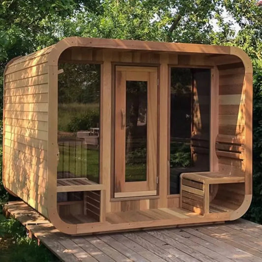 Traditional 6 Person Outdoor Sauna Room 6kW Stove Red Cedar Square House Far Infrared Steamer with Control Panel Custom