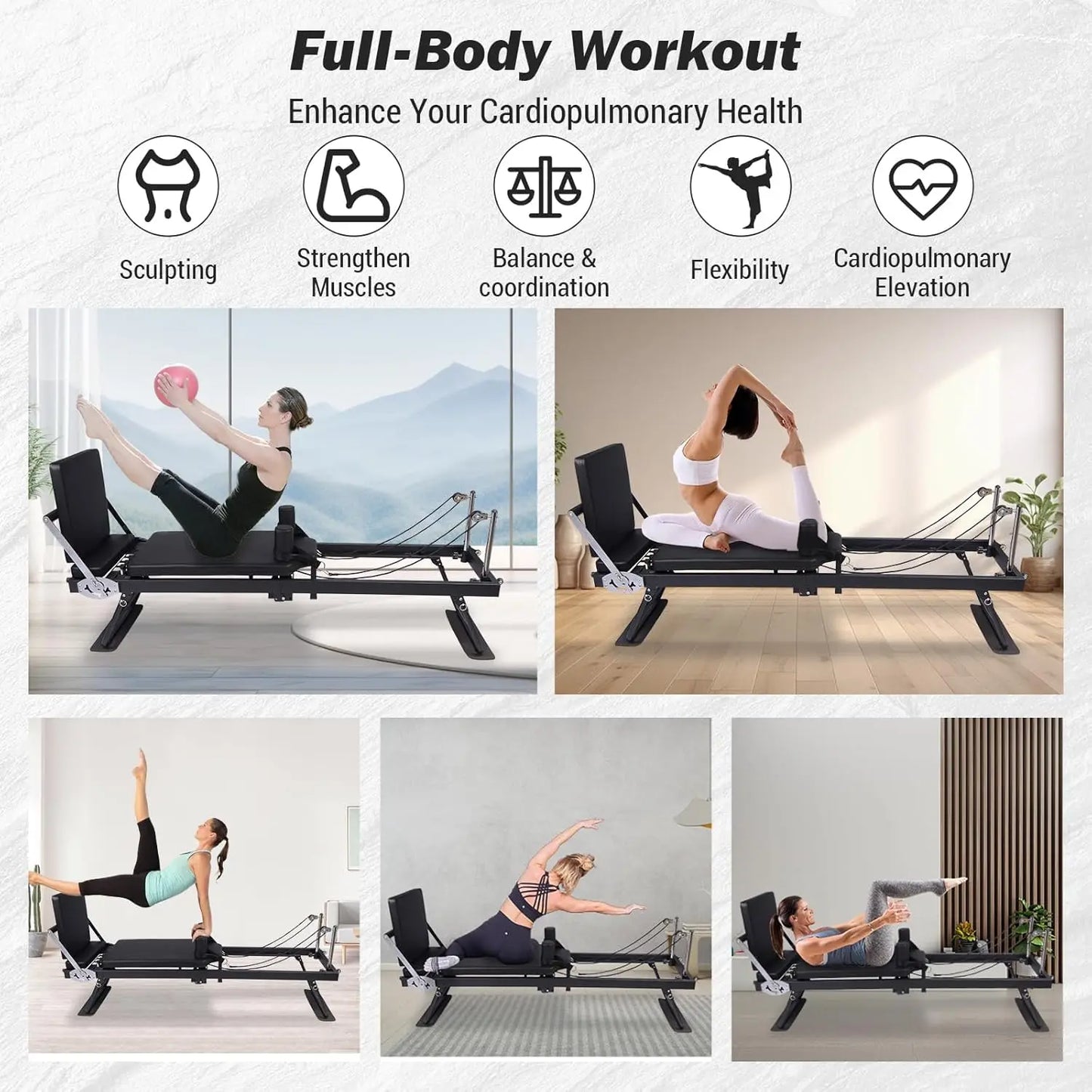 HiMISS Foldable Reformer Pilates Machine With Adjustable Heights Springs