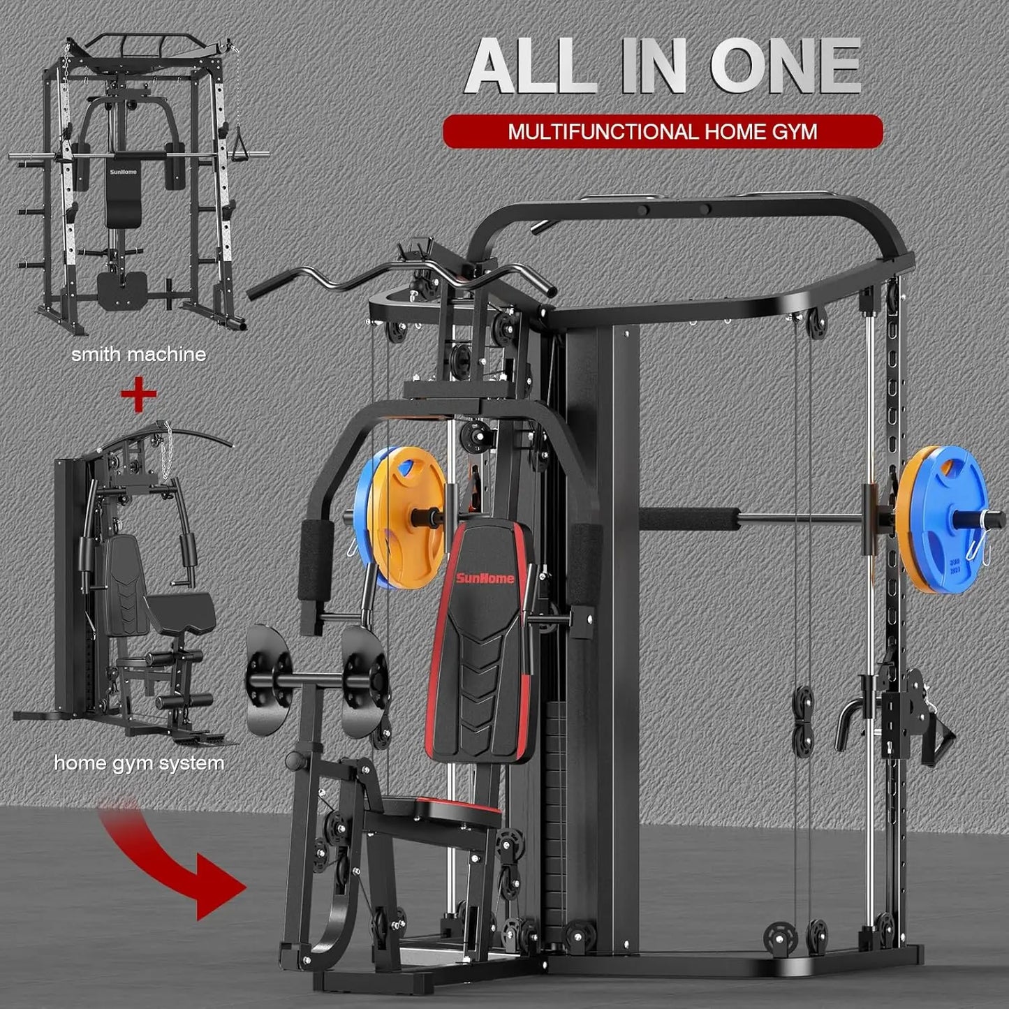 Home Gym Smith Machine with 138LB Weight Stack, Leg Press & LAT Station for Full Body Workouts