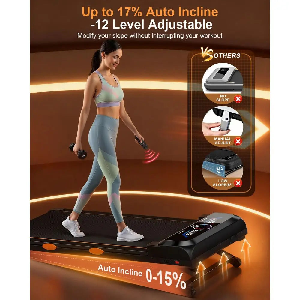 Pad Treadmill with 15 Auto Incline 12Level, Under Desk Treadmill for Home 450 lbs Capacity, Walking Pad with Incline, RGB UI Sc