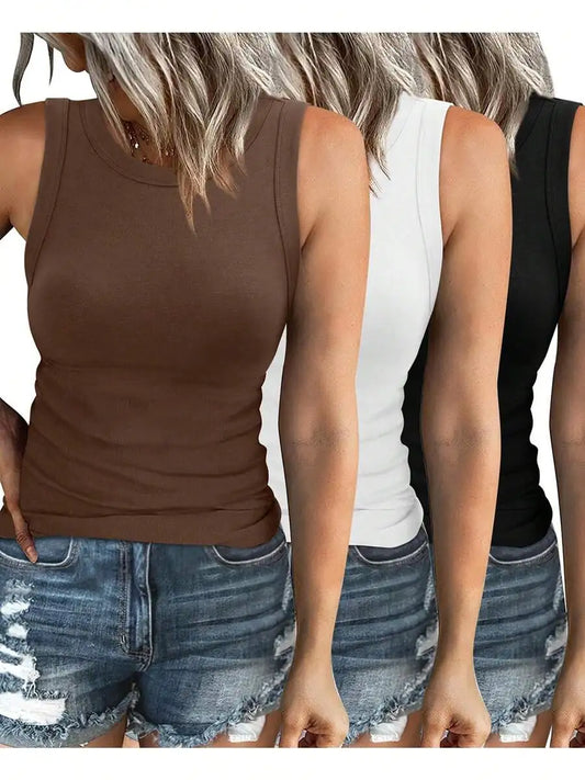 Womens Sleeveless Ribbed Tank Top Crew Neck Basic Stretch Casual Yoga Crop Top