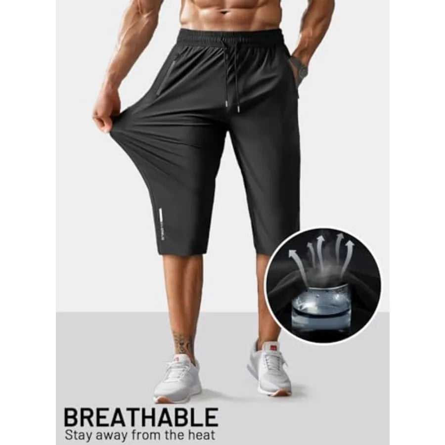 Hidkat Men's Capri Pants 3/4 Joggers Gym/Workout/Hiking Below Knee Long Shorts Lightweight Quick Dry with Zipper Pockets