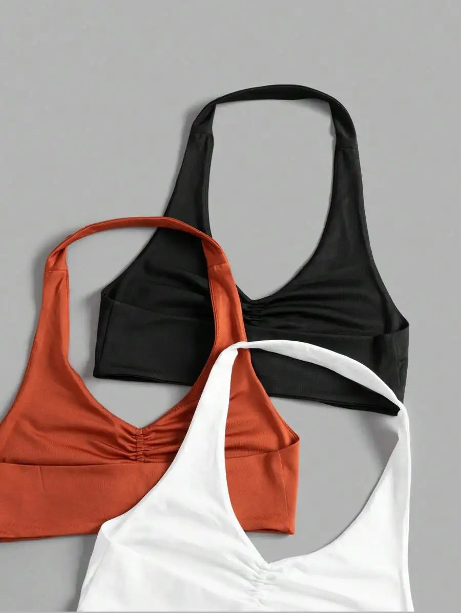 Velisys 3Pcs/Set Ruched Halter Sports Bra & Tight Fitness Camisole Set: V Neck Twist Yoga Workout Top