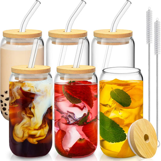 6 Pack 16oz Drinking Glasses with Bamboo Lids and Straws Clear Water Cups for Iced Coffee Tea Cocktails Whiskey Soda