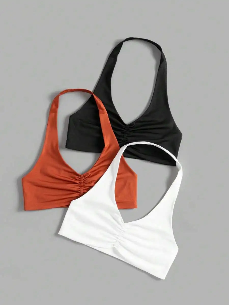 Velisys 3Pcs/Set Ruched Halter Sports Bra & Tight Fitness Camisole Set: V Neck Twist Yoga Workout Top