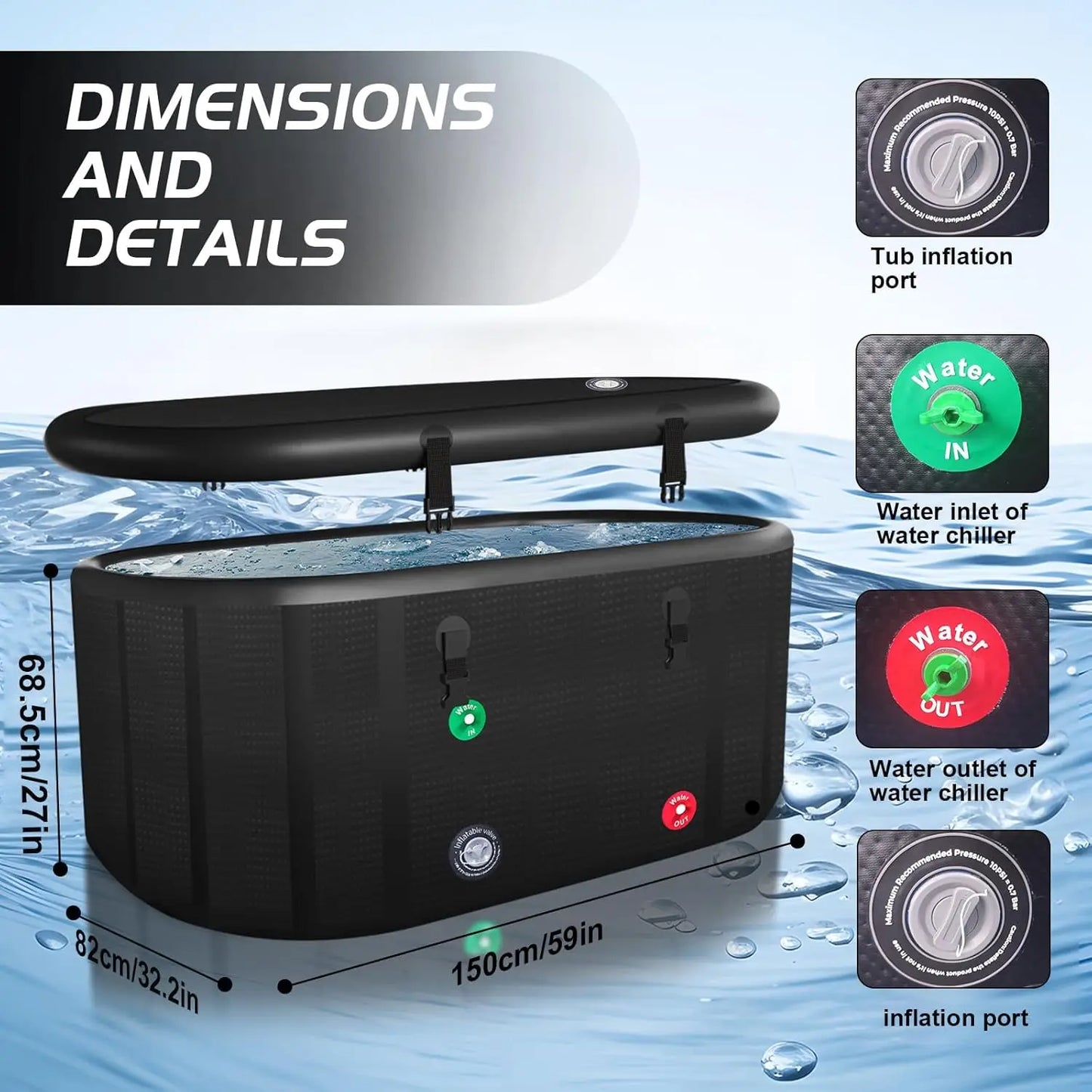 XXL Drop Stitch Ice Bath Tub for Recovery 216 Gal, Compatible with Water Chillers, Cold Plunge Tub with Insulated Lid