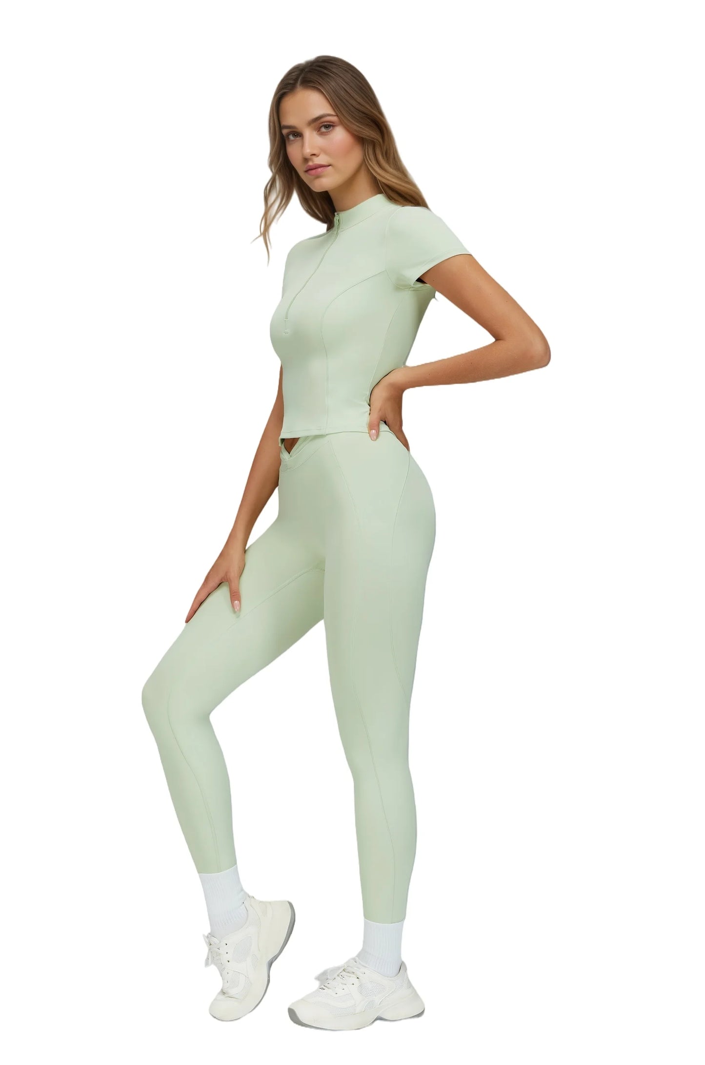 Airila Yoga Set Half-Zip Sportswear Slim Fit 2-Piece Short Sleeve Fitness Sportswear High Waist Sportswear Running Breathable