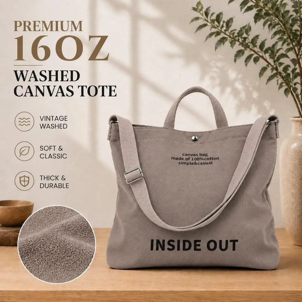 Women's Large Canvas Tote Reversible Commuter Bag with Adjustable Strap Crossbody Hand-Carry Shoulder Bag with Matching Coin Purse for Travel And Casual Use