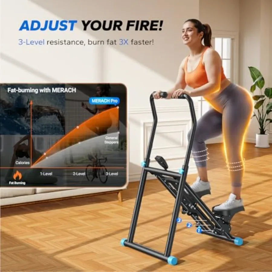 Home gym stair stepper: steel construction, black finish, 3-level resistance for compact folding cardio training with adjustabl