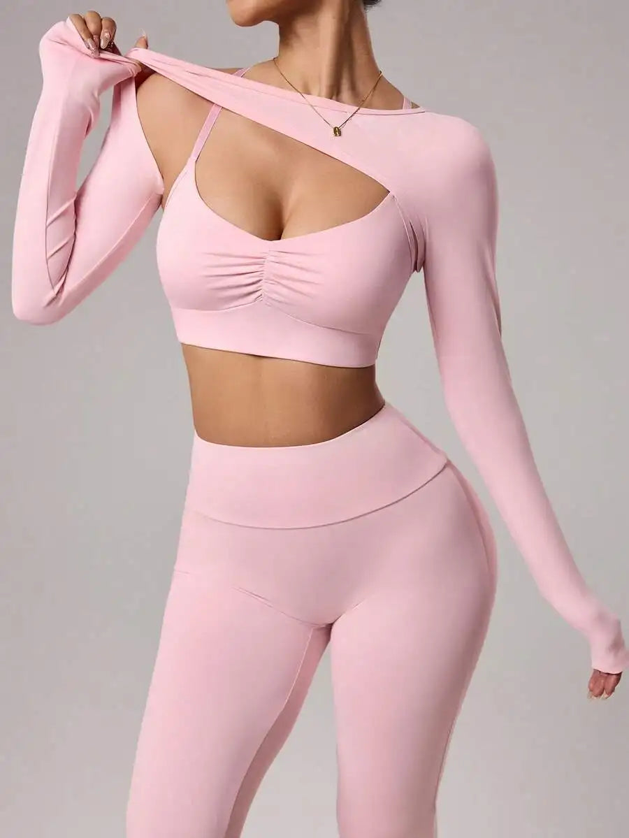 Women Sportswear Set Knit 3 Piece Cropped Top Sports Bra Flared Yoga Pants