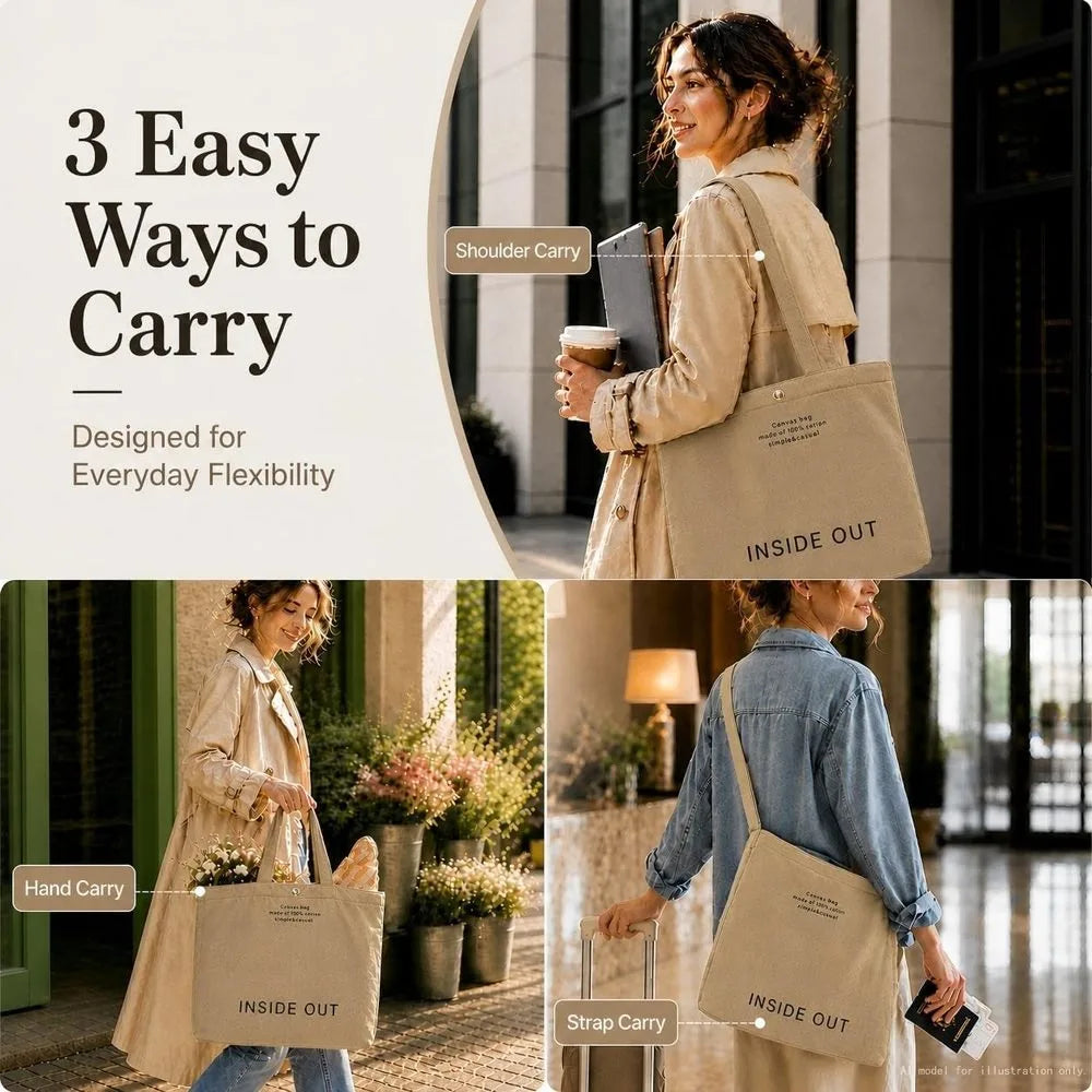 Women's Large Canvas Tote Reversible Commuter Bag with Adjustable Strap Crossbody Hand-Carry Shoulder Bag with Matching Coin Purse for Travel And Casual Use