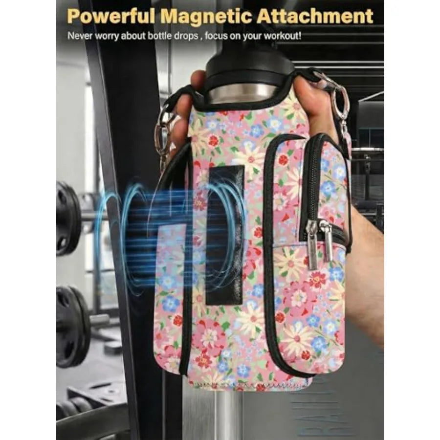 Magnetic Gym Bag for Women Men, Neoprene Water Bottle Carrier Bag with Strap fits 18-40oz, Crossbody Bag with Pockets