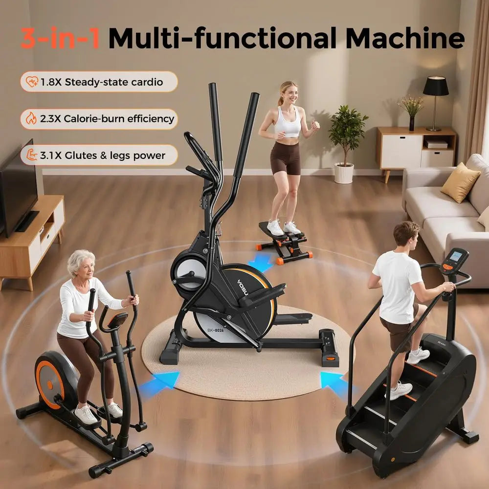 Elliptical Exercise Machine, Compact 3in1 Elliptical Cardio Climber Stair Stepper Elliptical for Home with 45Incline, 15.5IN St