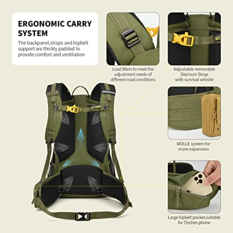Hiking Backpack for Men Women, 35L Lightweight Travel Daypack, Outdoor Camping Back Pack with Multiple Compartments, Durable fo
