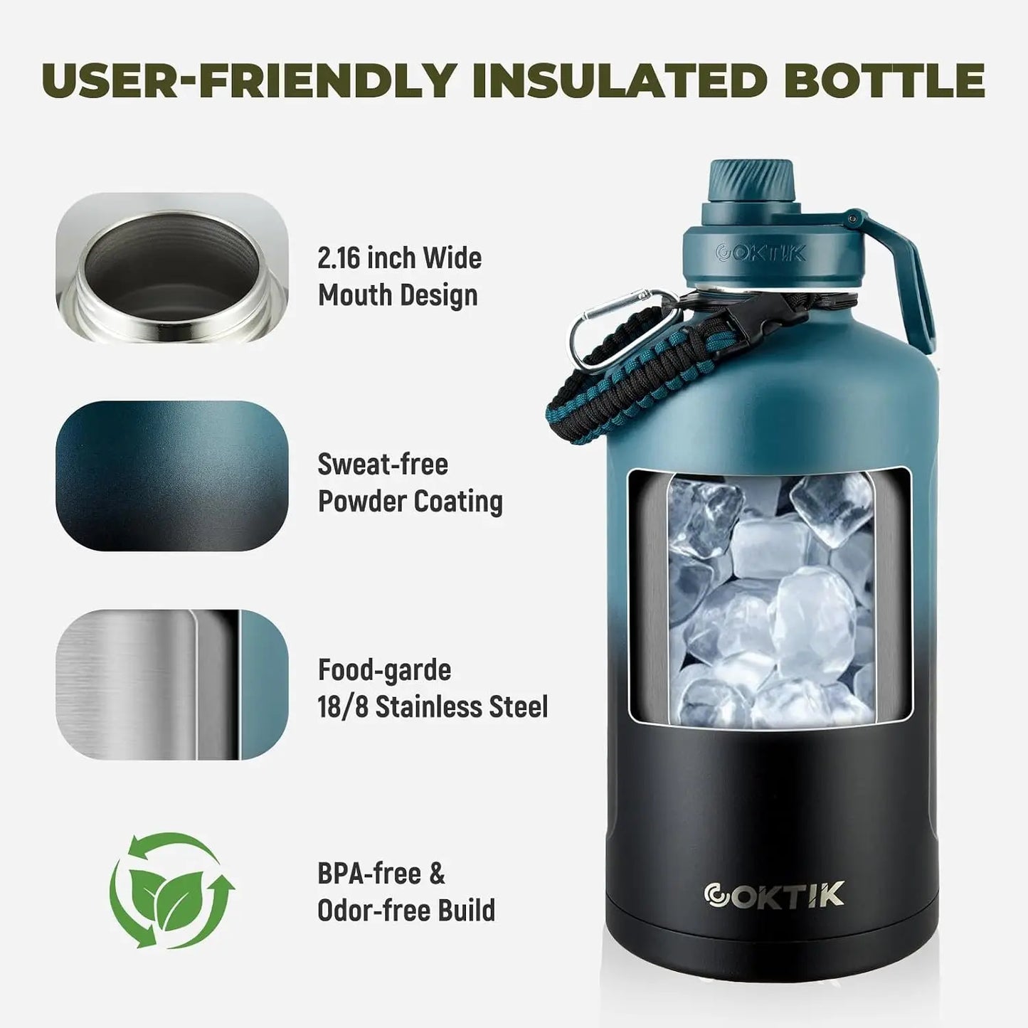 128oz Insulated Water Bottle - Stainless Steel Vacuum, 1 Gallon Large Capacity Sports Bottle with Straw, Carry Bag & Handle, for Gym & Hiking