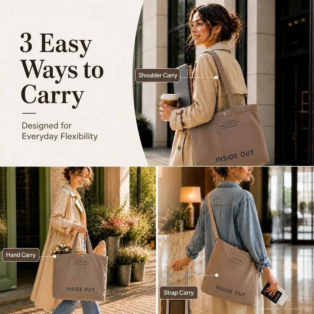 Women's Large Canvas Tote Reversible Commuter Bag with Adjustable Strap Crossbody Hand-Carry Shoulder Bag with Matching Coin Purse for Travel And Casual Use