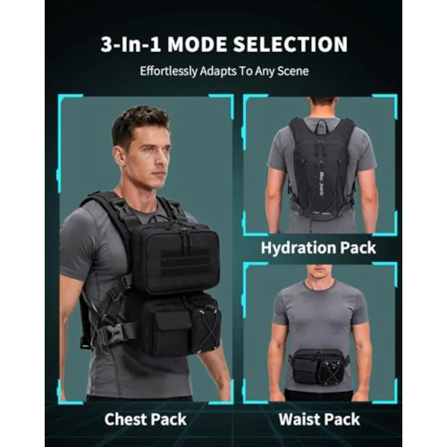 3-in-1 Running Vest with 2L Water Bladder, Lightweight Tactical Hydration Backpack with Detachable Waist Pack, Reflective Chest