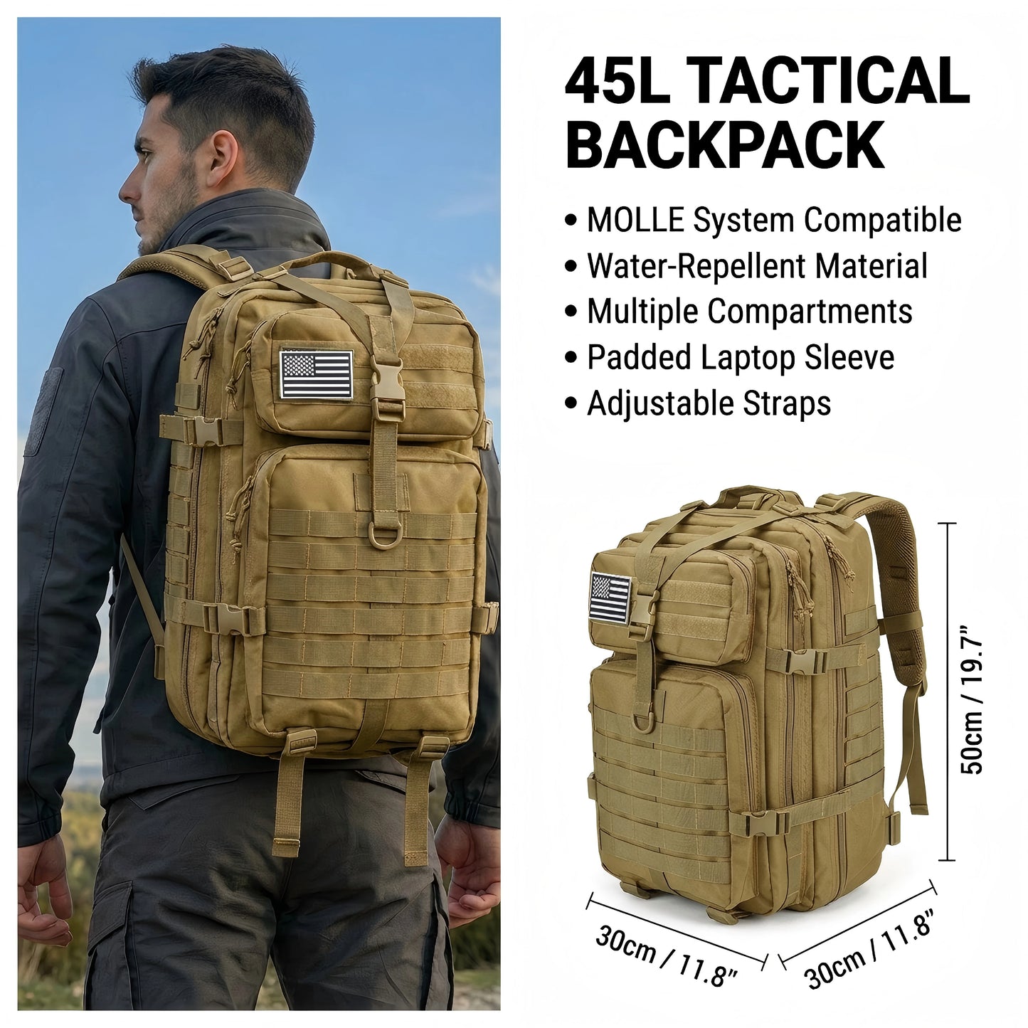 45L Tactical Gym Backpack Molle Water Resistant Sports Bag Large Capacity Training Fitness Workout Pack Men Women Travel Hiking Camping Rucksack Durable Multi Pocket Basketball Football Yoga Shoes Bag Weekend Trip Duffel Dayp