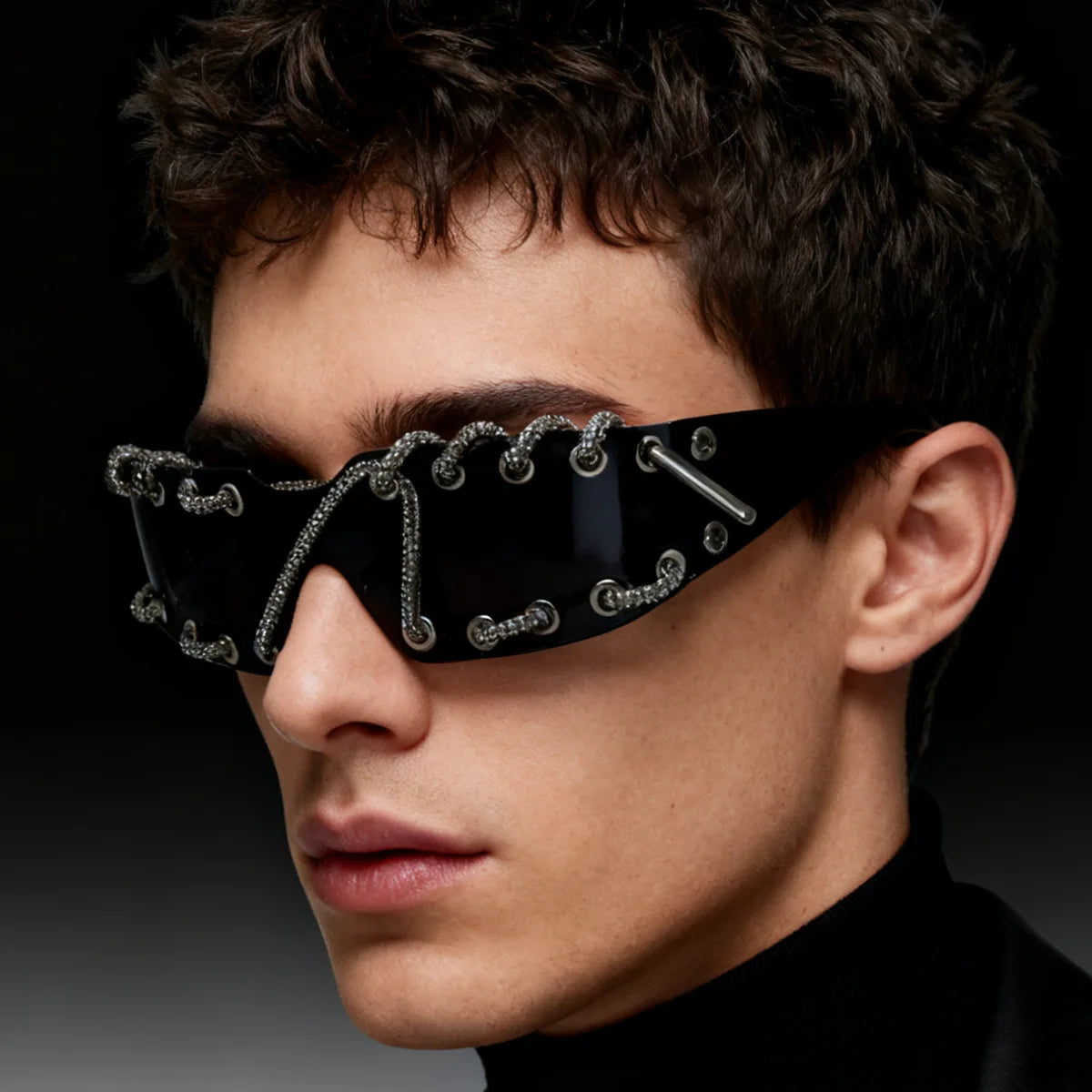 Punk Hip Hop Style Handmade Flash Diamond Sunglasses Y2K Rivets Rimless Retro Black Sunglasses Party Party Accessories