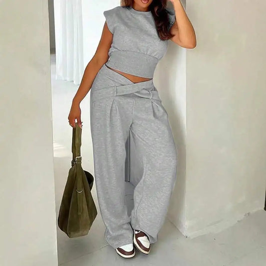 Women Cotton Polyester Knit Two Piece Set Crop Top Pants