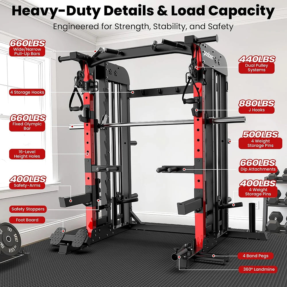 Pooboo Power Cage Smith Machine with 2000LB Squat Rack Cable System | LAT Pulldown and Dual Pulley Cable Crossover with All-in-One Home Gym Machine, Adjustable Stations and Training Attachments