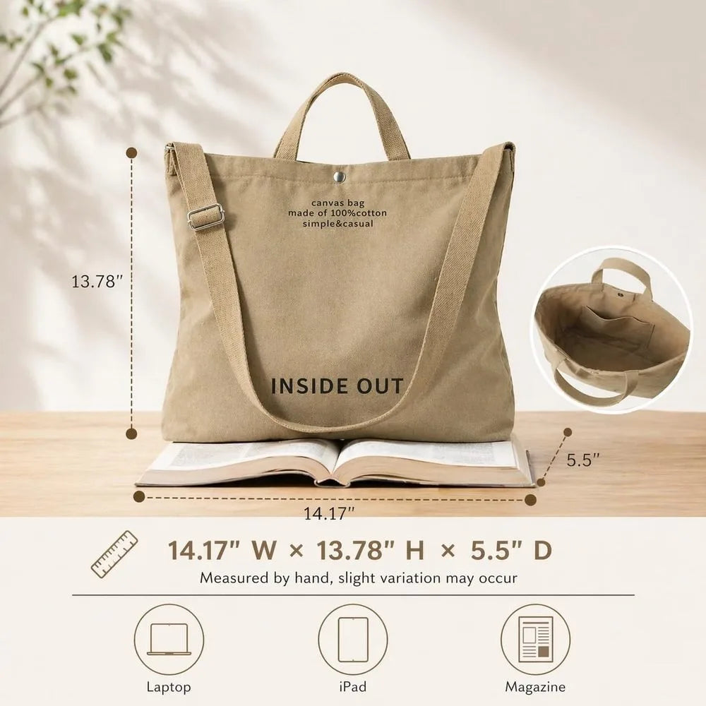 Women's Large Canvas Tote Reversible Commuter Bag with Adjustable Strap Crossbody Hand-Carry Shoulder Bag with Matching Coin Purse for Travel And Casual Use