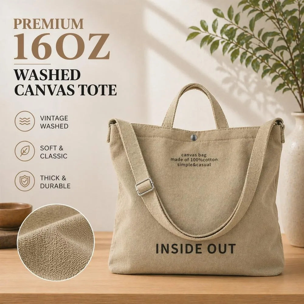 Women's Large Canvas Tote Reversible Commuter Bag with Adjustable Strap Crossbody Hand-Carry Shoulder Bag with Matching Coin Purse for Travel And Casual Use