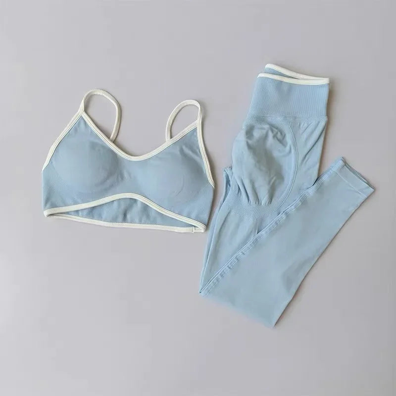 Women's Fitness Suit, Strappy Contrast Color Patchwork Sports Shockproof Slimming Quick-Dry Nude Feel Pants, Yoga Wear