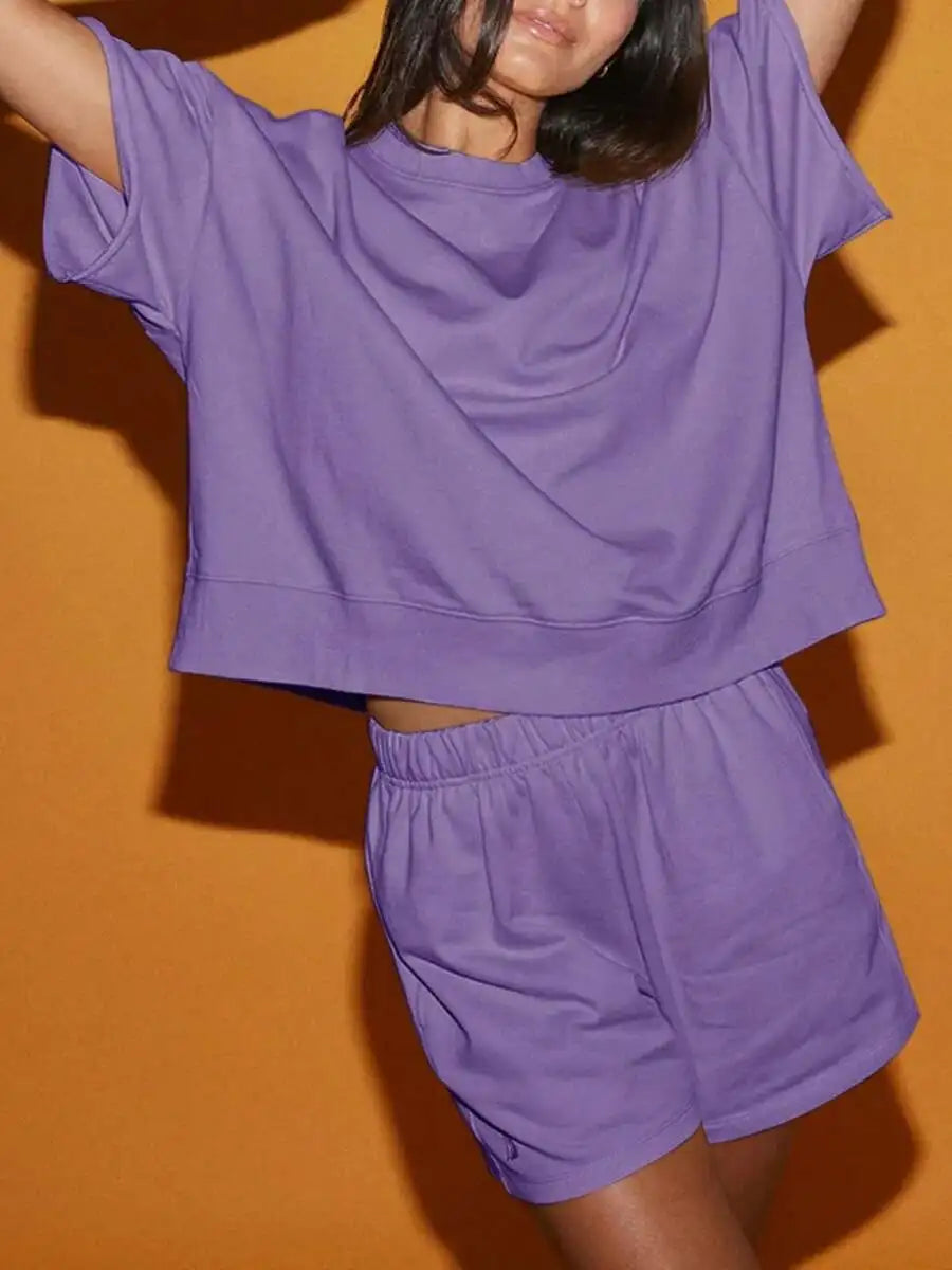Womens 2 Piece Oversized Cropped Sweatshirt And High Waist Shorts Tracksuit