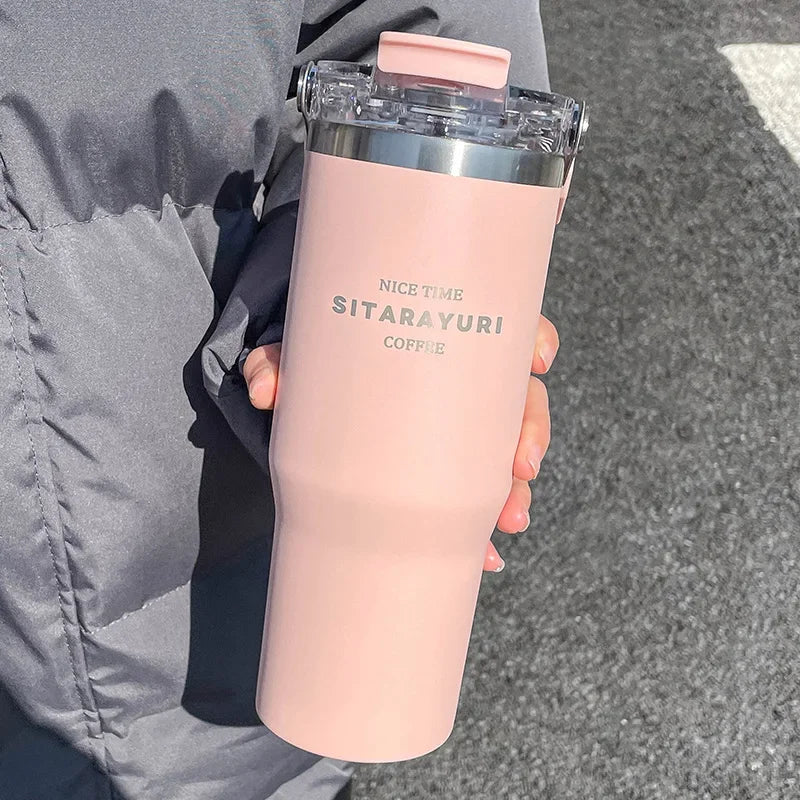 Large Capacity Insulation Cup, 30.43oz Drinking Coffee Water Cup With Straw, Simple Water Bottle